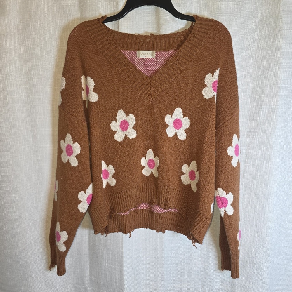 Altar'd State Women's Brown And Pink 70s Floral Cropped Distressed Knit Medium